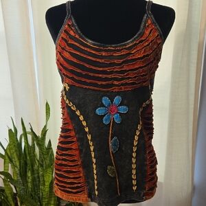 Velvet-Trim Floral Appliqué Camisole in Rust and Black